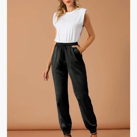 Allegra K Black Satin Pants Drawstring Elastic Waist Straight Leg Joggers - L - Picture 3 of 9